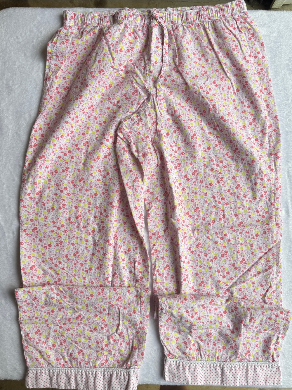 Victoria's Secret Pajama Pants L - White Pink Yellow Floral - Polka Dot Ruffle